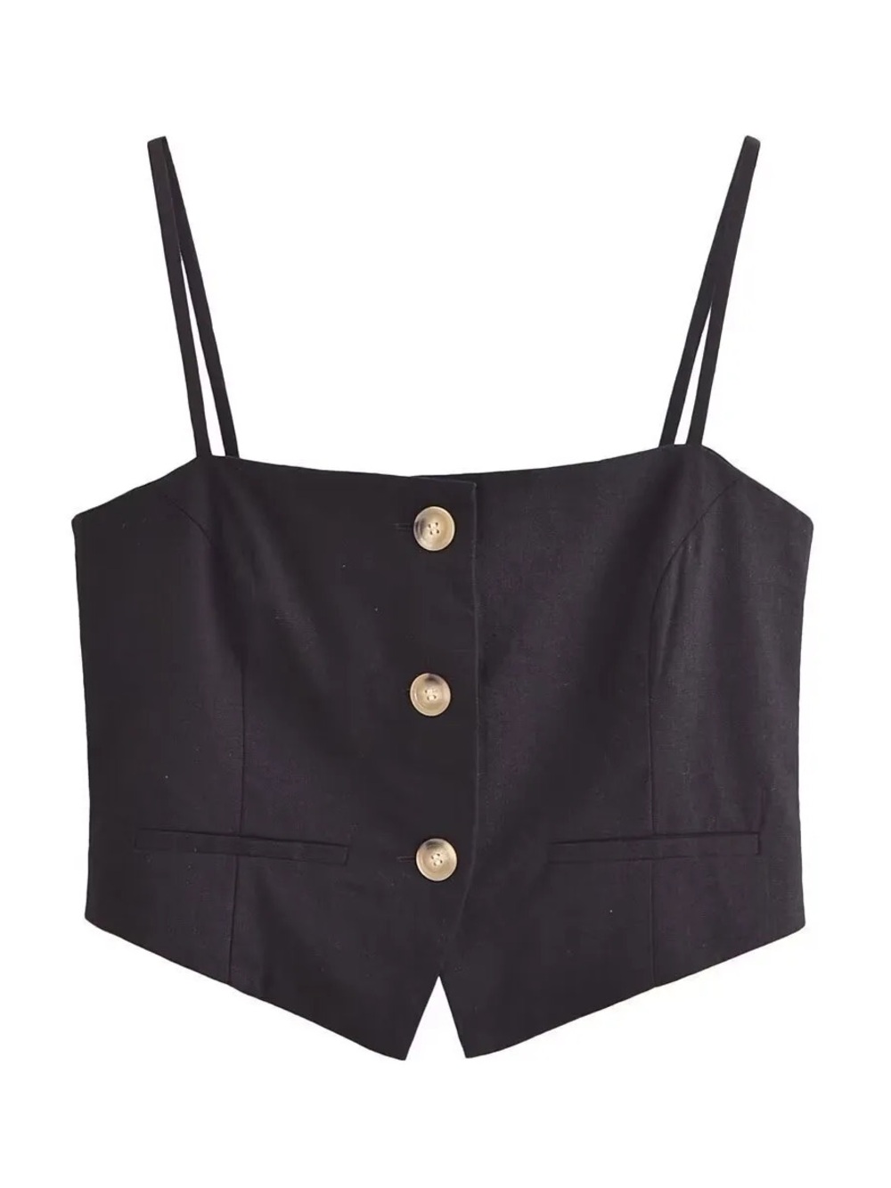 Zara Black Spaghetti-Strap Buttoned Crop Top